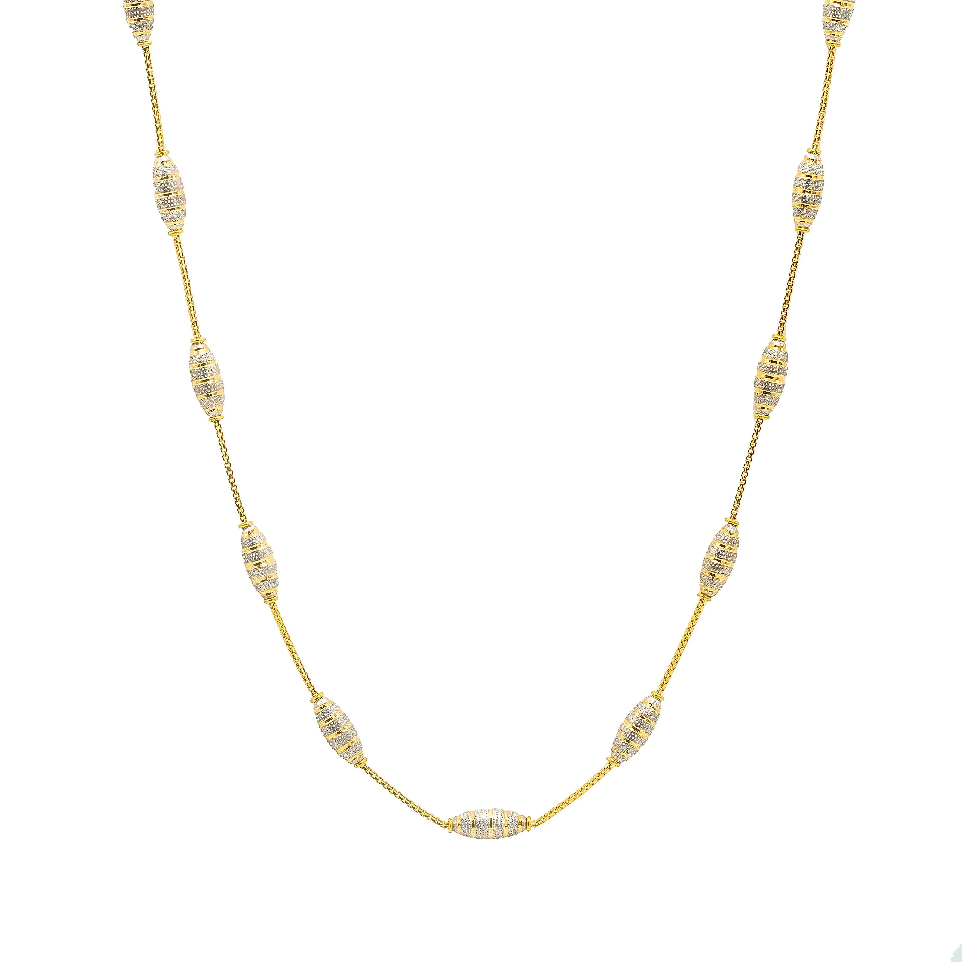 22K Multi Tone Gold Chain W/ "Honeycomb" Beads & Thin Box Link Chain