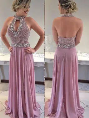 A-line Beaded Bodice Halter Long Chiffon Evening Dresses APD2810