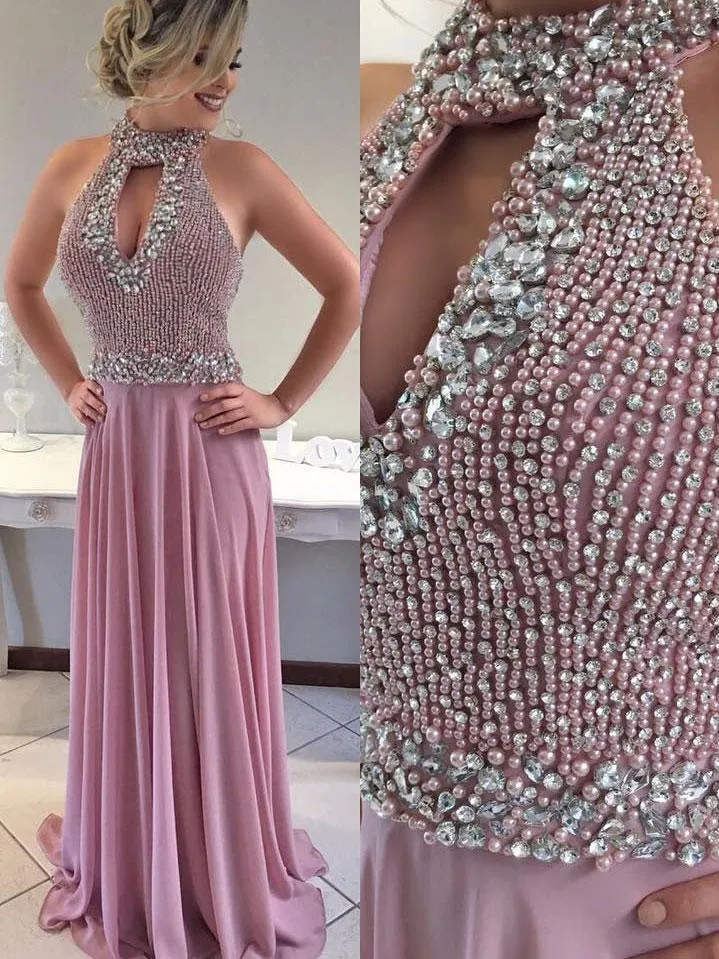 A-line Beaded Bodice Halter Long Chiffon Evening Dresses APD2810