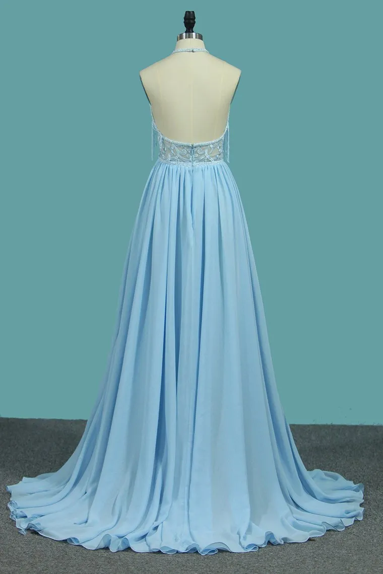 A Line Chiffon Halter Prom Dresses With Applique And Slit Sweep Train