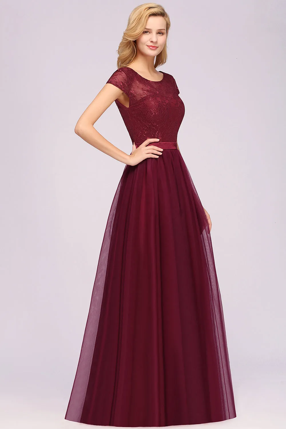 A-Line Chiffon Jewel Sleeveless Long Bridesmaid Dresses with Ruffles