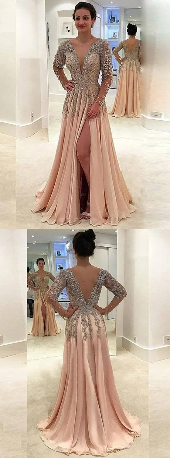 A-Line Deep V-Neck Long Sleeves Backless Chiffon Beading Long Prom Dress, PD0139