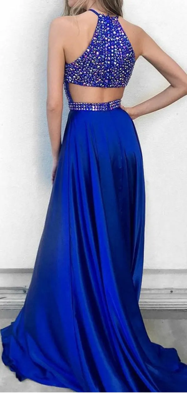 A-Line Round Neck Royal Blue Soft Satin Prom Dresses with Beading, TYP1309