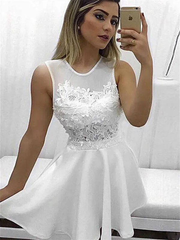 A-line Round Neck Sleeveless Lace Appliques Short Homecoming Dresses, HD0568