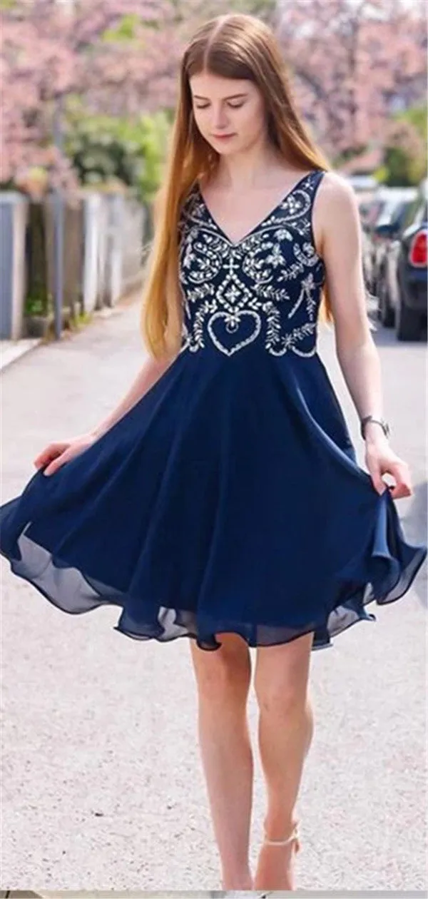 A-Line V-neck Beading Navy Blue Chiffon Homecoming Dresses, HD0528