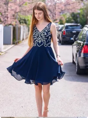 A-Line V-neck Beading Navy Blue Chiffon Homecoming Dresses, HD0528