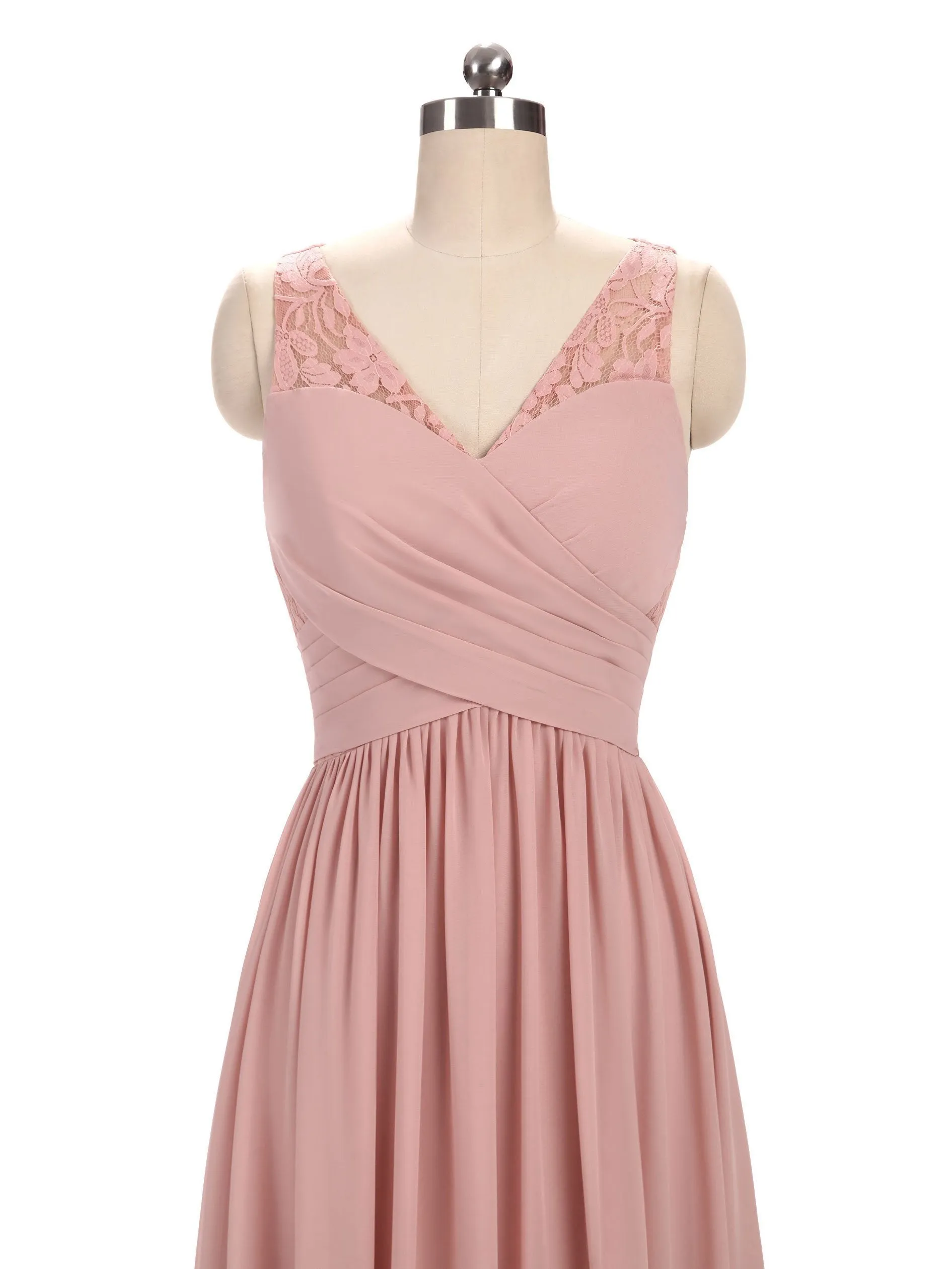 A-line V-Neck Floor-Length Chiffon Lace  Pink Bridesmaid Dresses 2827