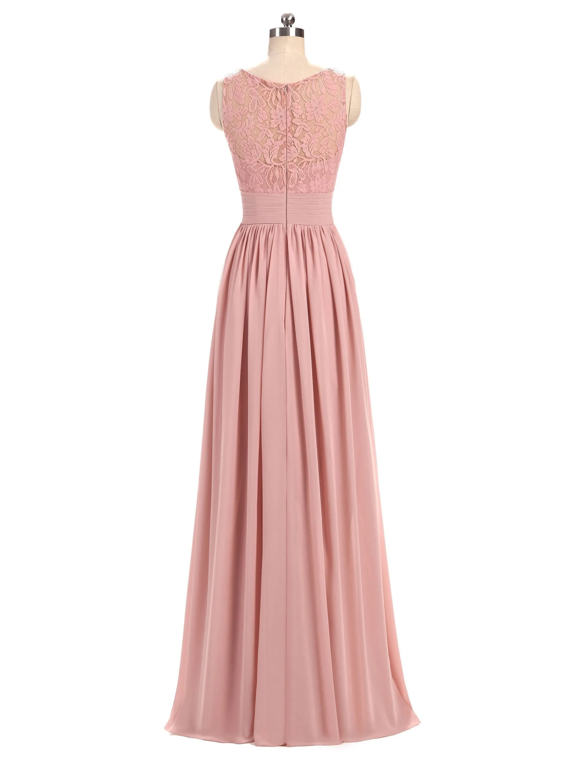 A-line V-Neck Floor-Length Chiffon Lace  Pink Bridesmaid Dresses 2827