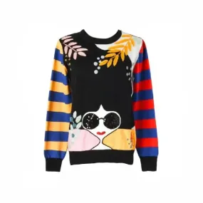 Aesthetic Striped Women With Sunglasses Sweater