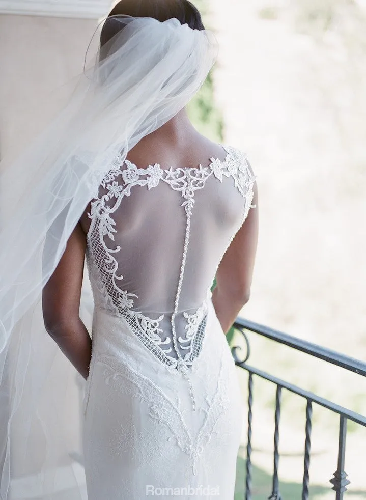 Amazing White lace sexy V-neck sleeveless elegant tail wedding dress, WD0330