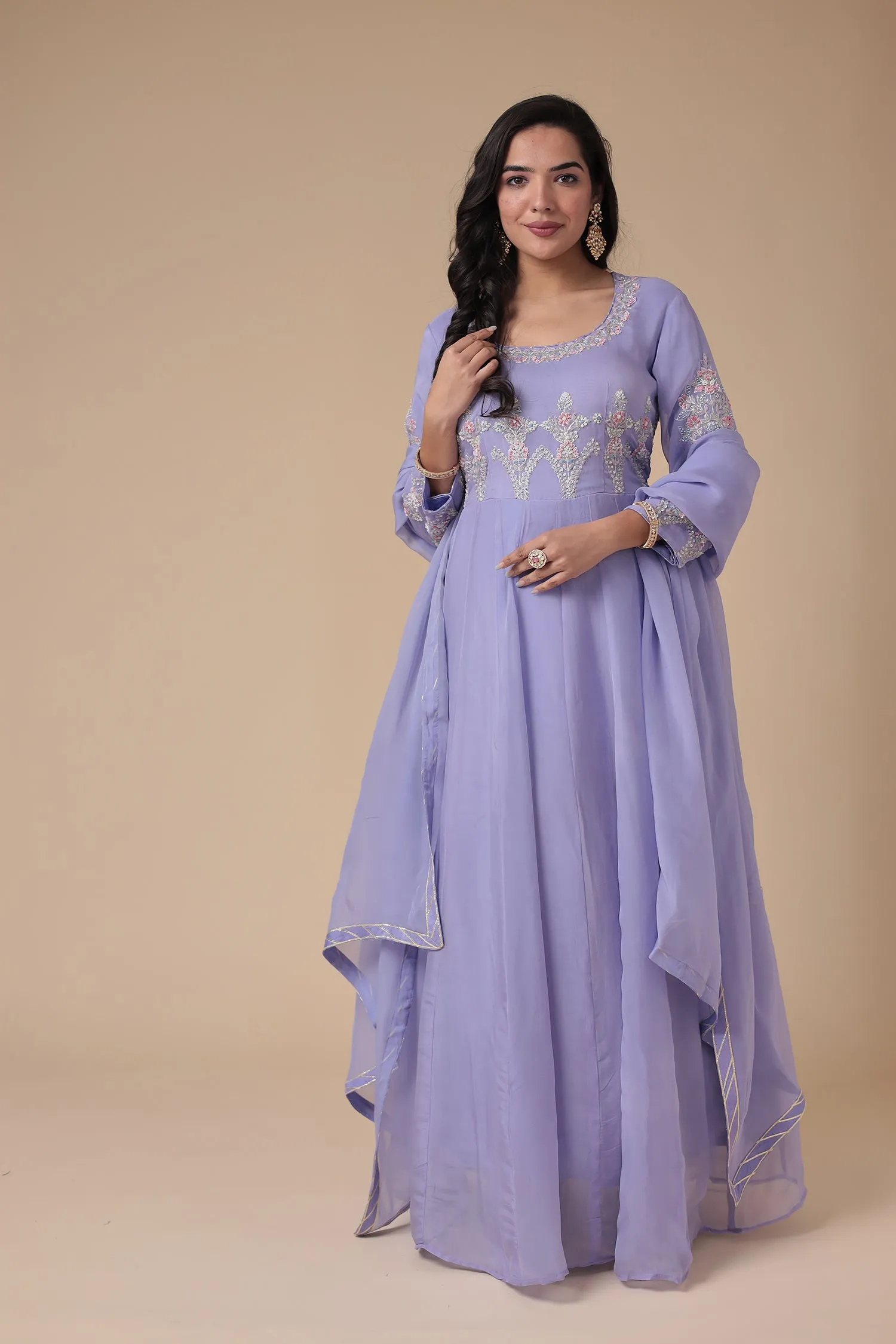 Anarkali Organza Suit Embroidered with Aari and Cutdana work