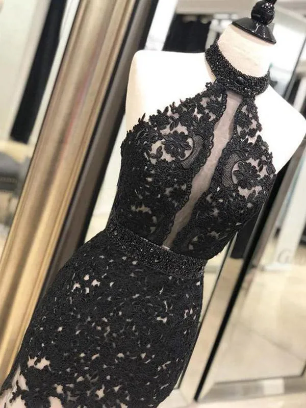 Black Lace Mermaid Halter Open Back Evening Prom Dresses, TYP1445