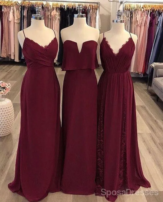 Burgundy Mismatched Chiffon Long Wedding Party Bridesmaid Dresses, WG130