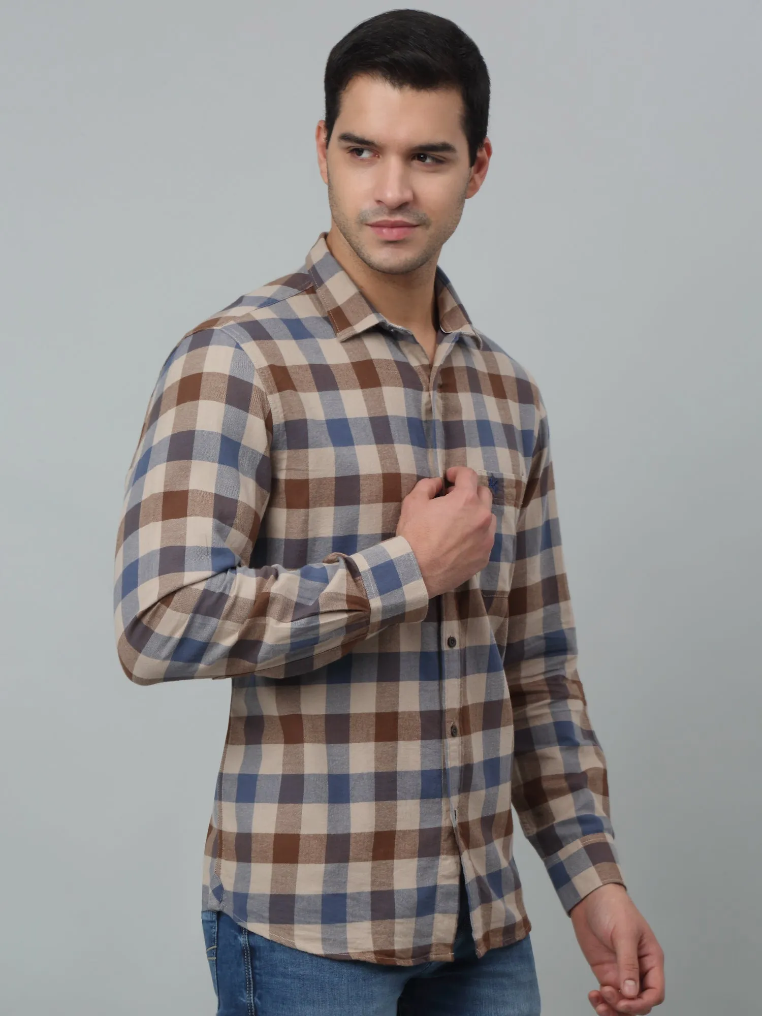 Cantabil Cotton Beige Checkered Full Sleeve Regular Fit Casual Shirt for Men with Pocket