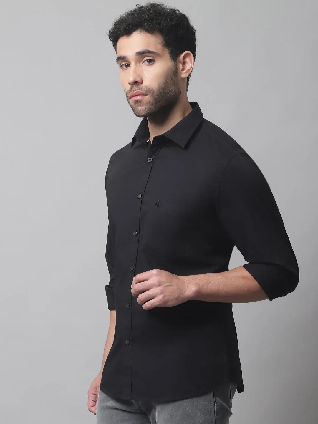 Cantabil Cotton Blend Solid Black Full Sleeve Casual Shirt for Men with Pocket