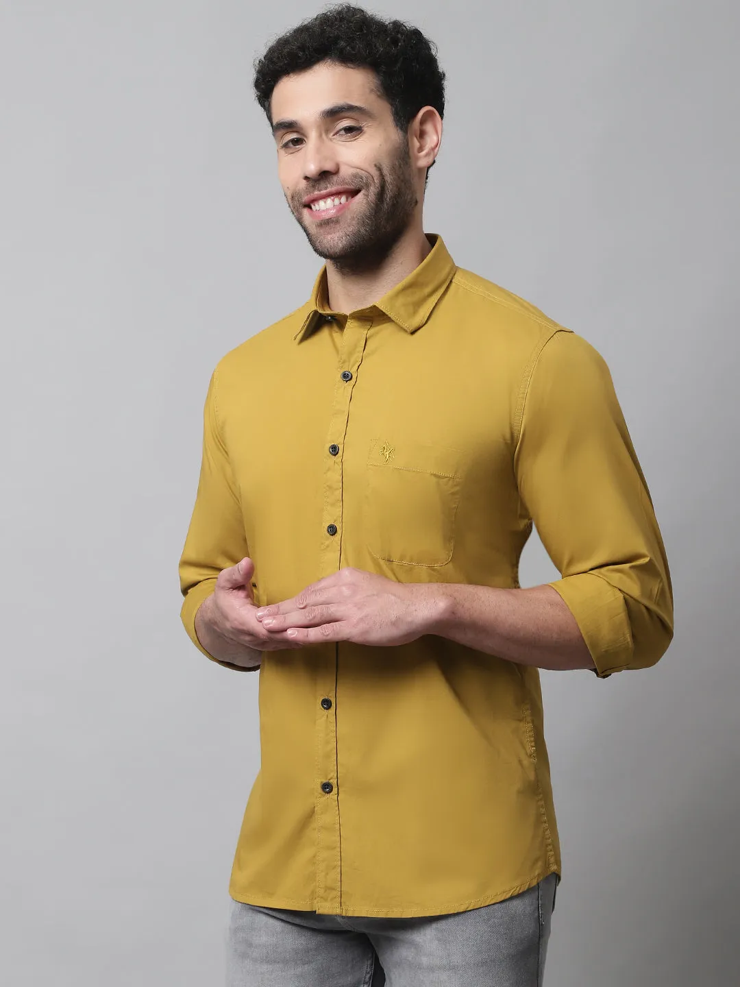 Cantabil Cotton Blend Solid Mustard Full Sleeve Casual Shirt for Men with Pocket