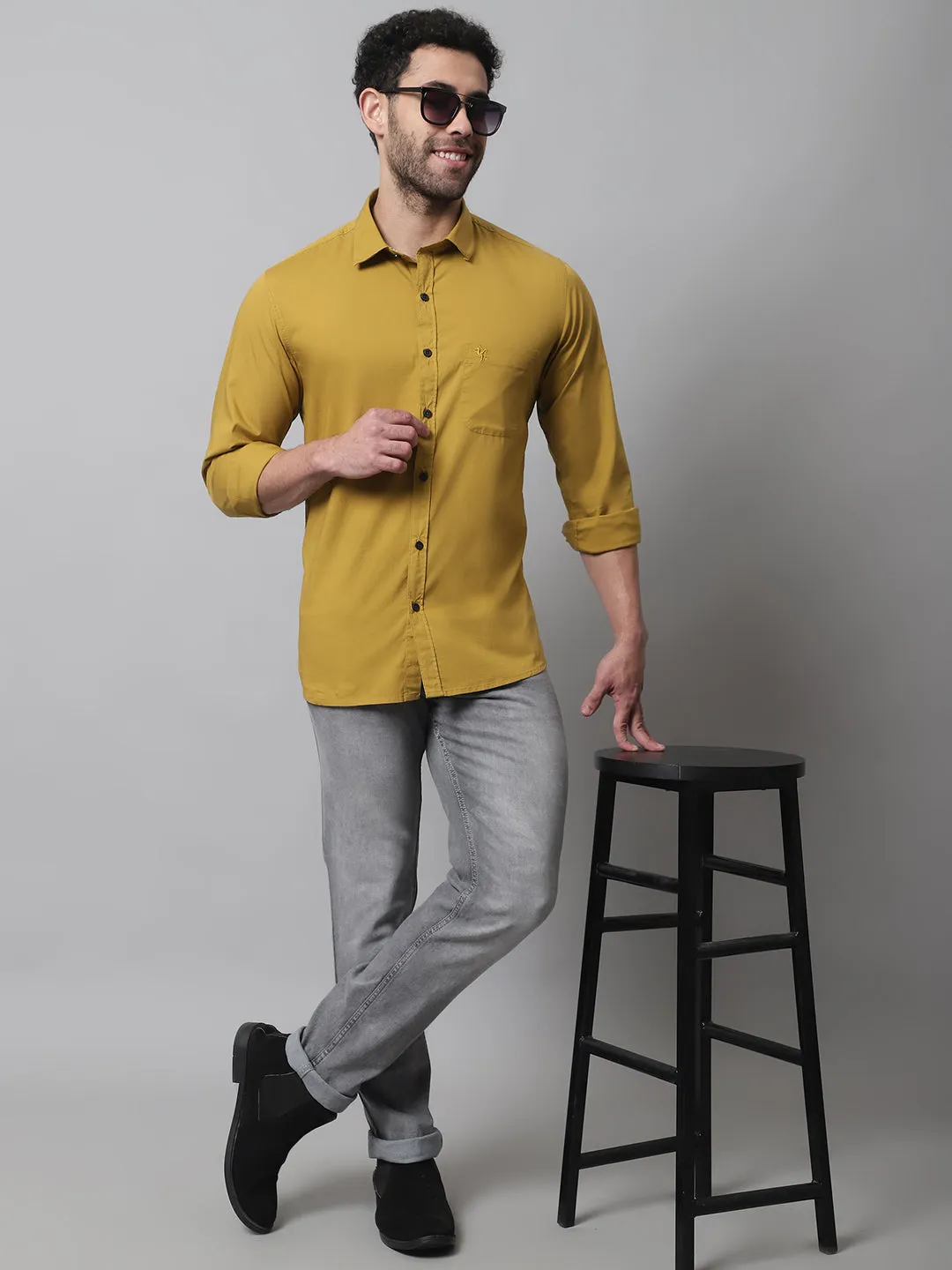 Cantabil Cotton Blend Solid Mustard Full Sleeve Casual Shirt for Men with Pocket