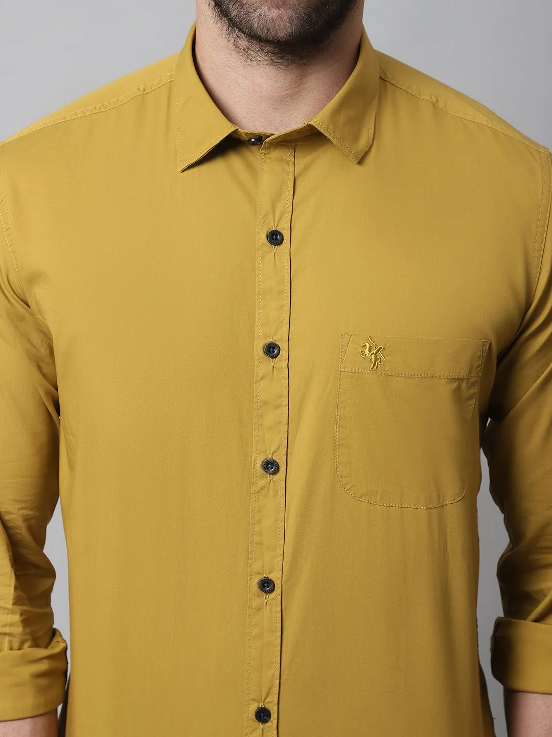 Cantabil Cotton Blend Solid Mustard Full Sleeve Casual Shirt for Men with Pocket