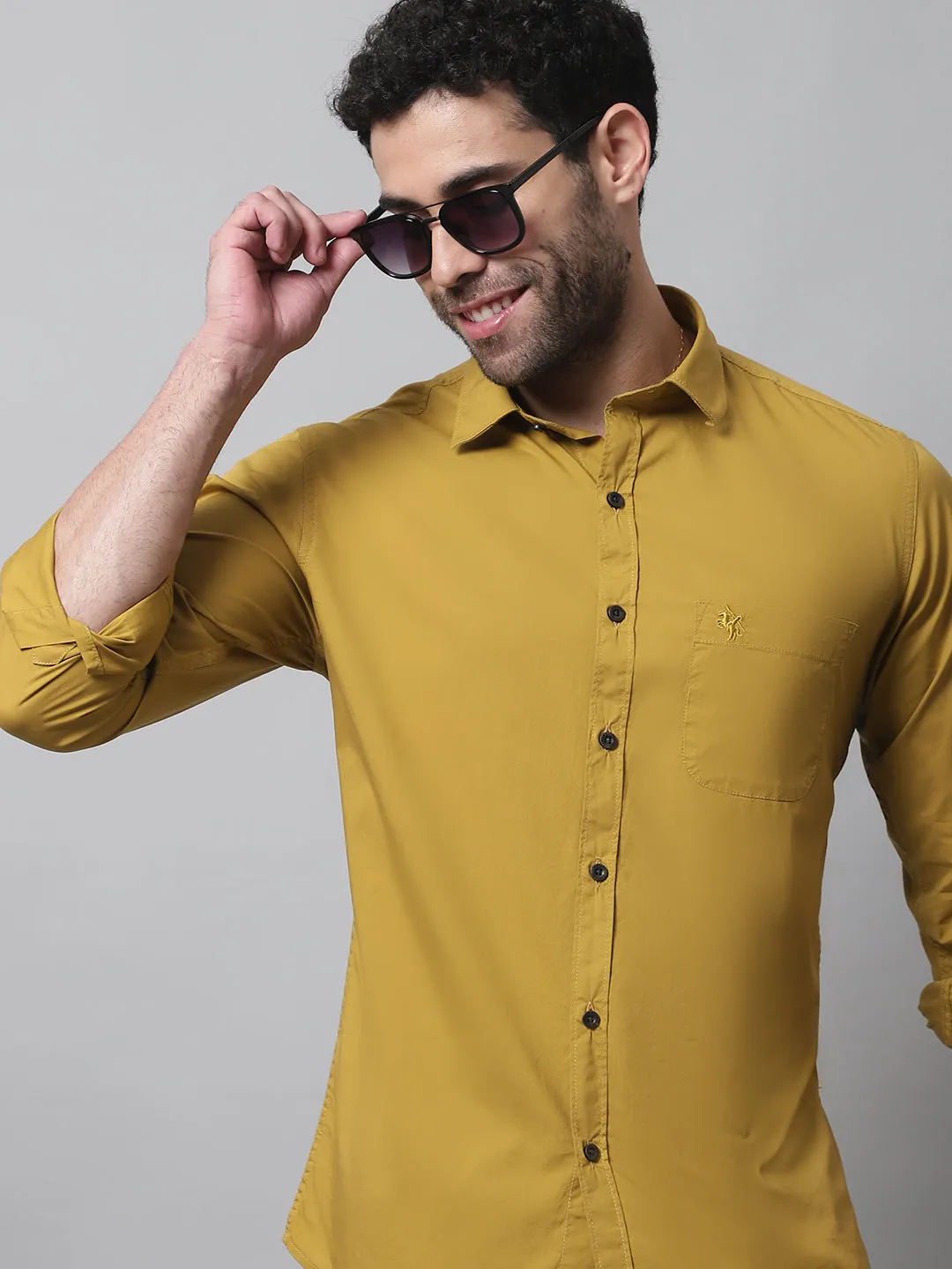 Cantabil Cotton Blend Solid Mustard Full Sleeve Casual Shirt for Men with Pocket