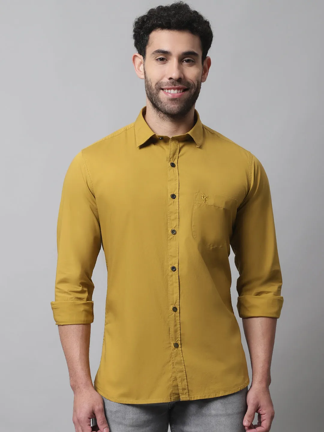 Cantabil Cotton Blend Solid Mustard Full Sleeve Casual Shirt for Men with Pocket