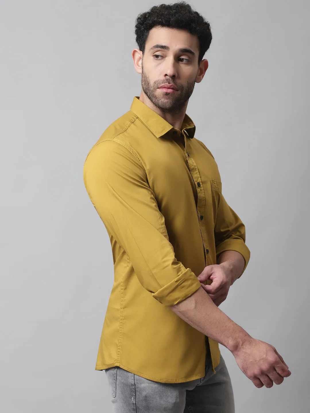 Cantabil Cotton Blend Solid Mustard Full Sleeve Casual Shirt for Men with Pocket