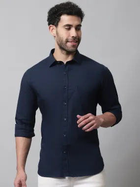 Cantabil Cotton Blend Solid Navy Blue Full Sleeve Casual Shirt for Men with Pocket