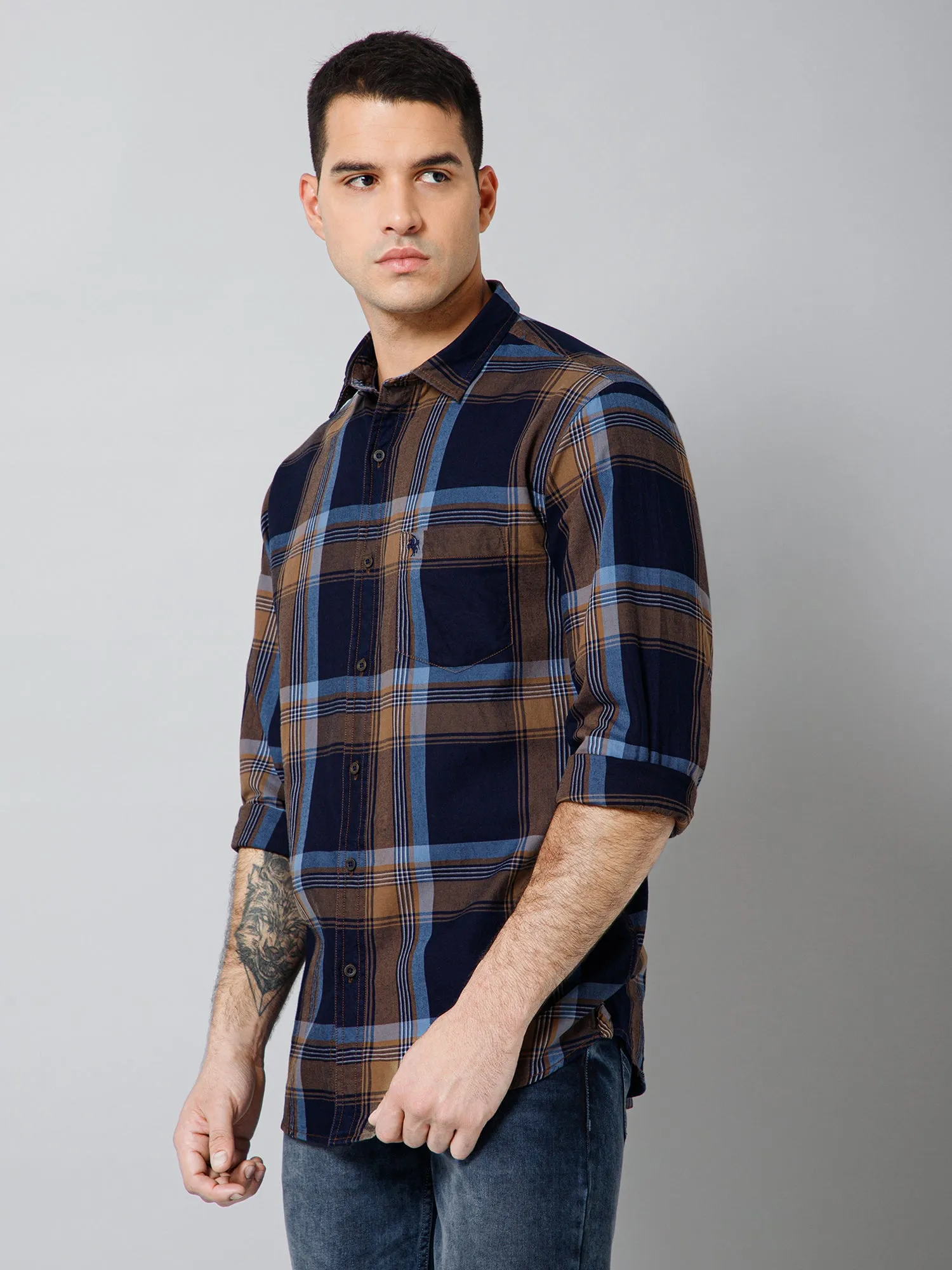 Cantabil Cotton Checkered Full Sleeve Regular Fit Navy Blue Casual Shirt for Men with Pocket