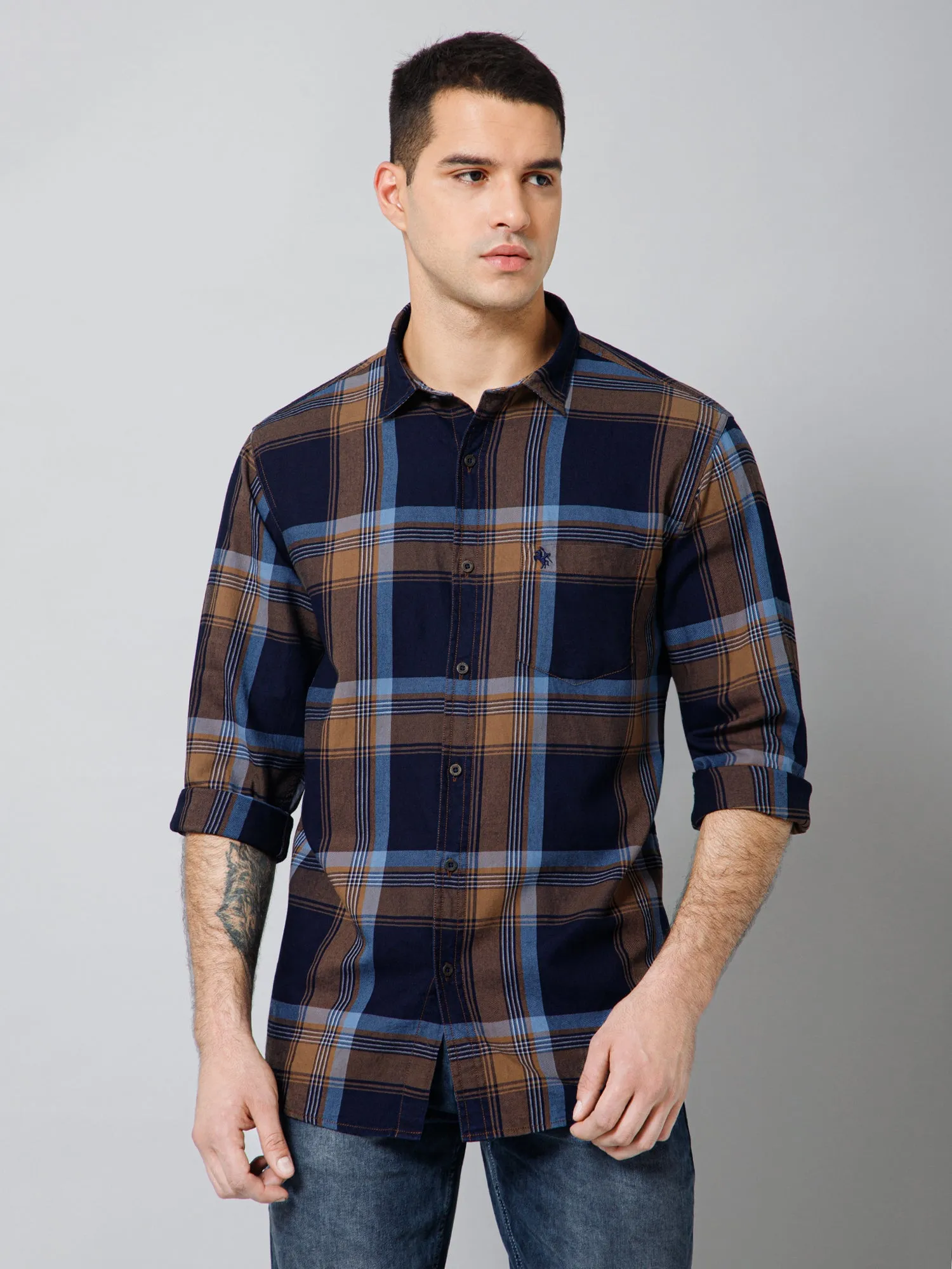 Cantabil Cotton Checkered Full Sleeve Regular Fit Navy Blue Casual Shirt for Men with Pocket