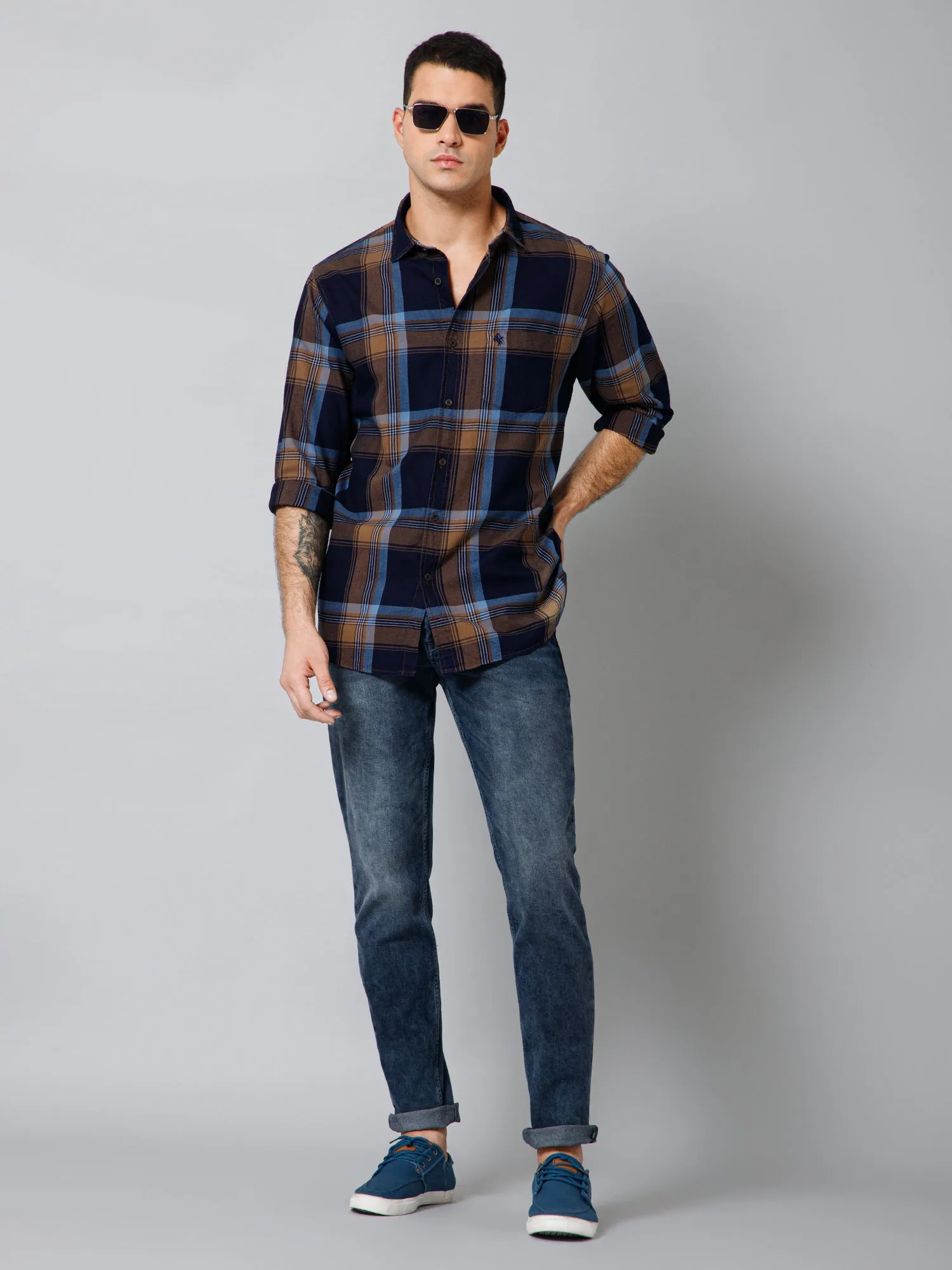 Cantabil Cotton Checkered Full Sleeve Regular Fit Navy Blue Casual Shirt for Men with Pocket