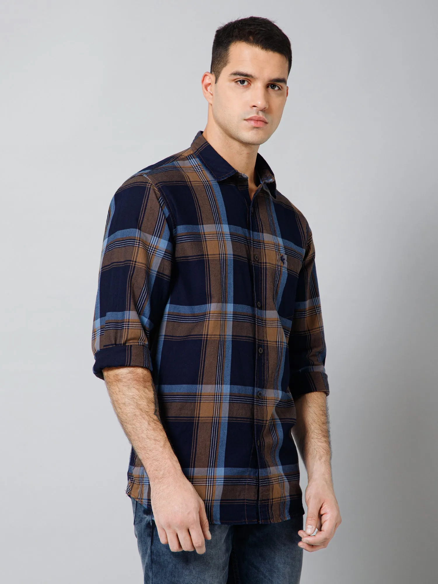 Cantabil Cotton Checkered Full Sleeve Regular Fit Navy Blue Casual Shirt for Men with Pocket