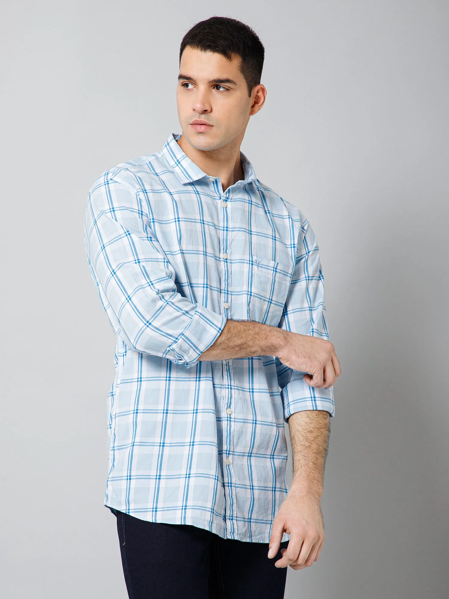 Cantabil Cotton Checkered Full Sleeve Regular Fit Sky Blue Casual Shirt with Pocket for Men