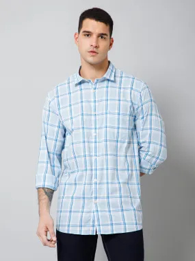 Cantabil Cotton Checkered Full Sleeve Regular Fit Sky Blue Casual Shirt with Pocket for Men