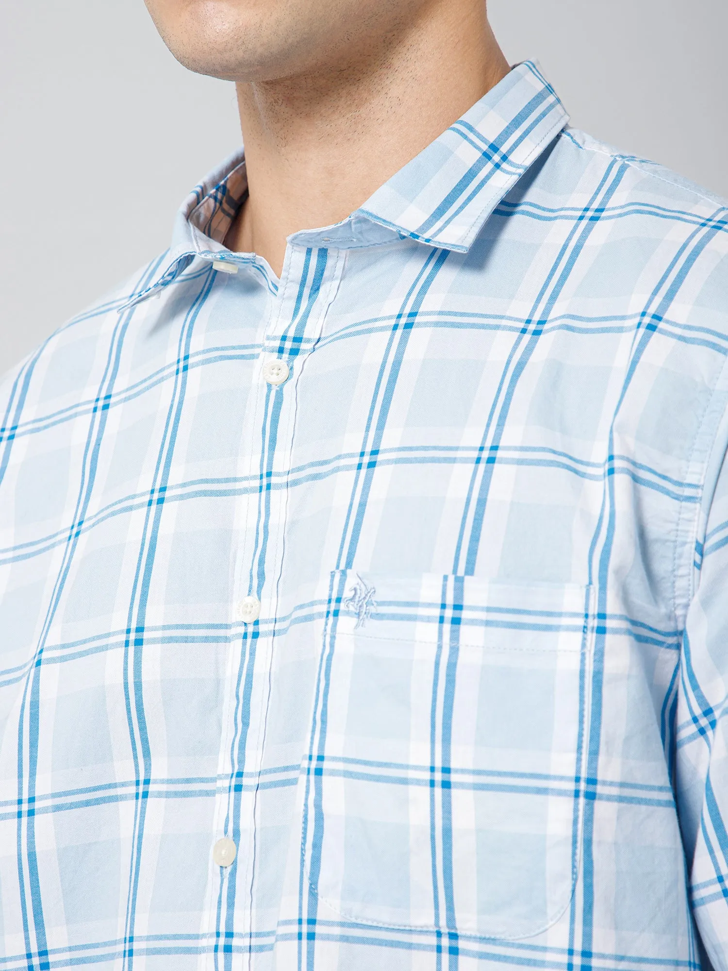 Cantabil Cotton Checkered Full Sleeve Regular Fit Sky Blue Casual Shirt with Pocket for Men