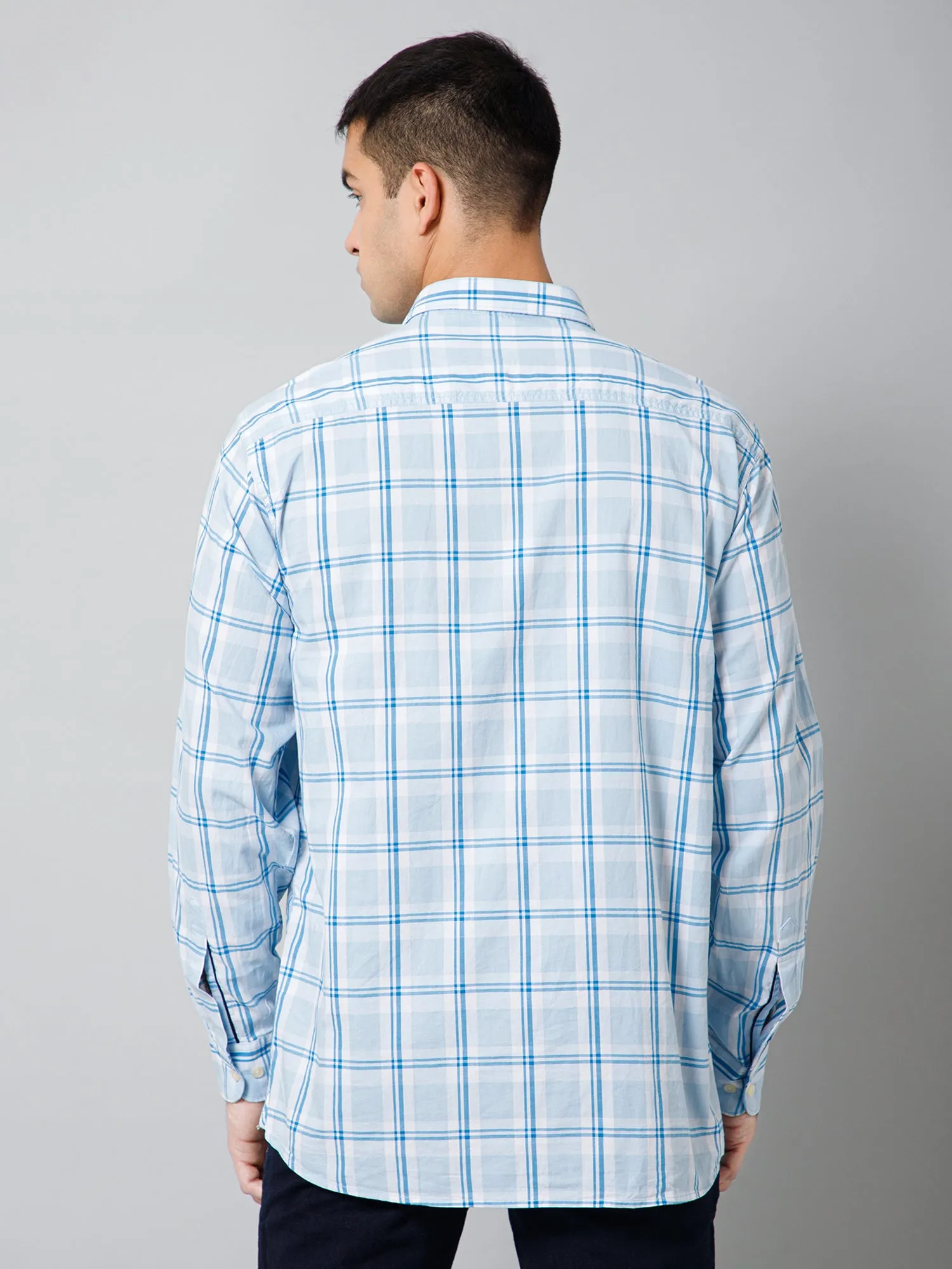 Cantabil Cotton Checkered Full Sleeve Regular Fit Sky Blue Casual Shirt with Pocket for Men