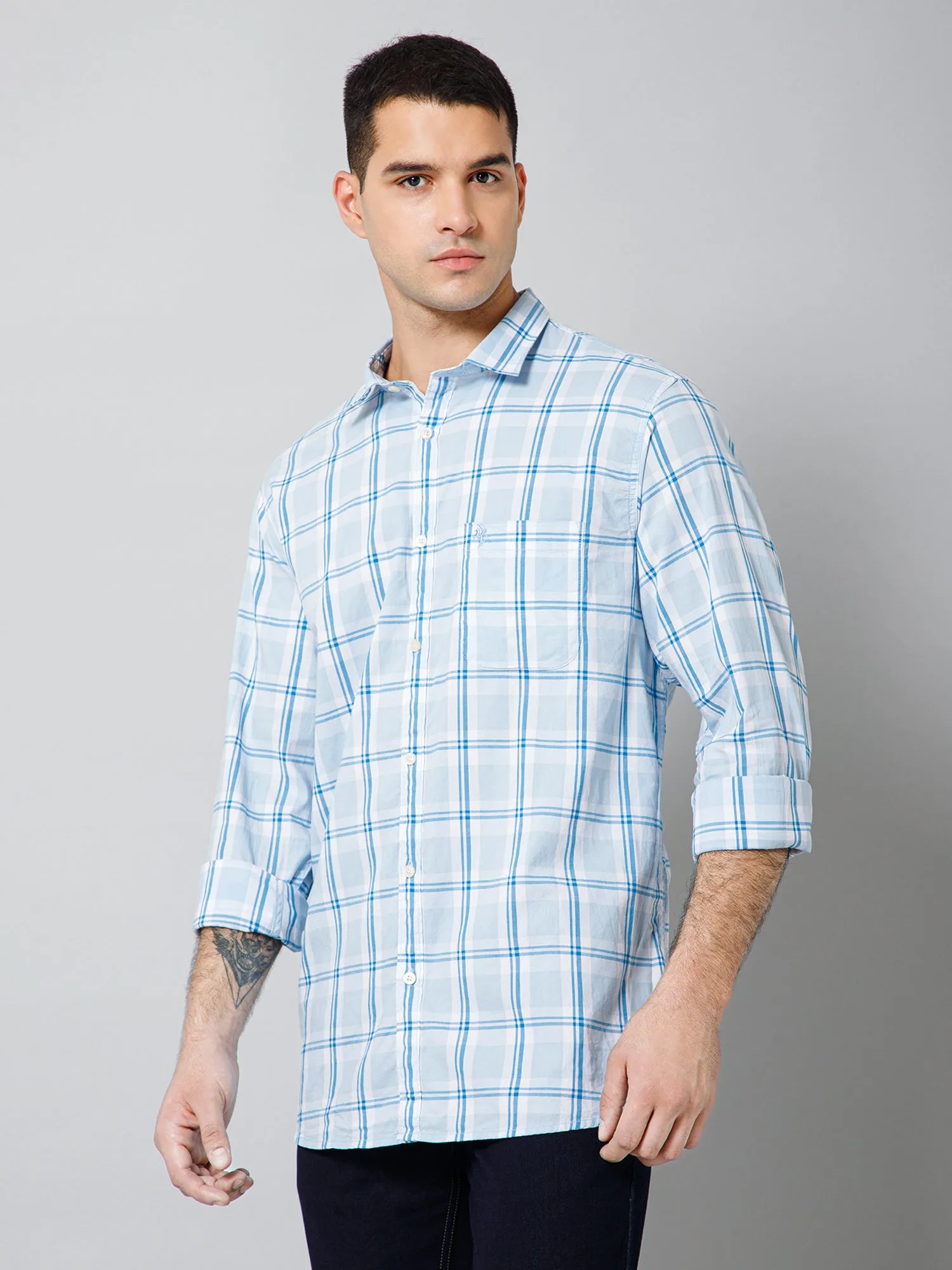 Cantabil Cotton Checkered Full Sleeve Regular Fit Sky Blue Casual Shirt with Pocket for Men