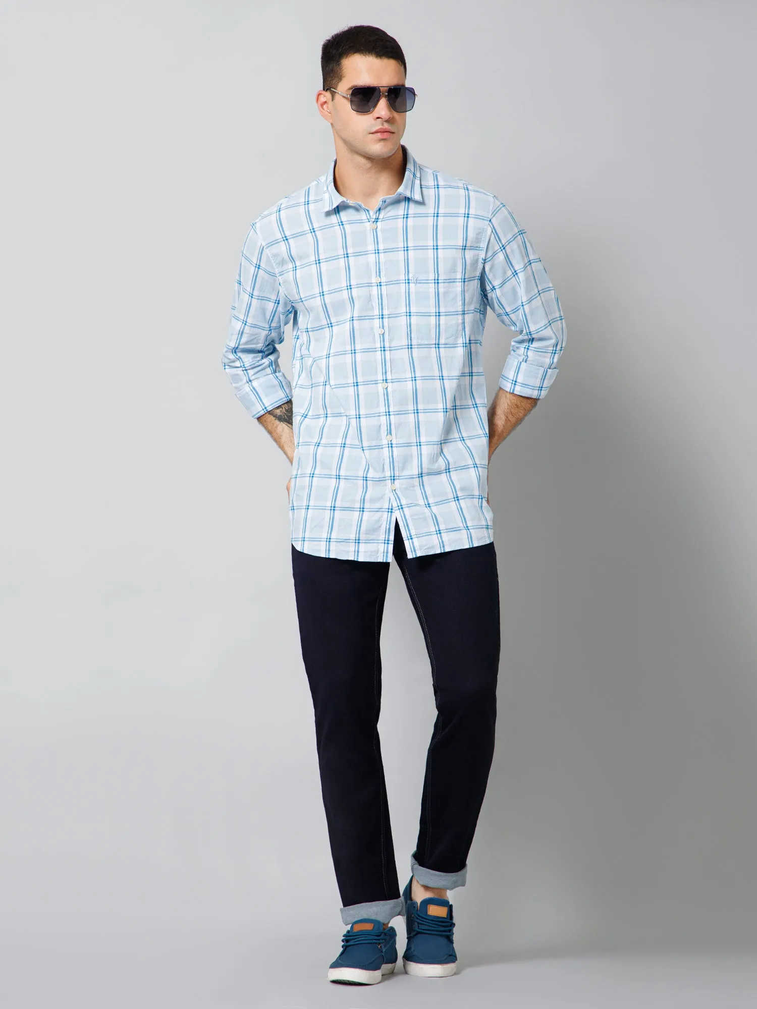 Cantabil Cotton Checkered Full Sleeve Regular Fit Sky Blue Casual Shirt with Pocket for Men