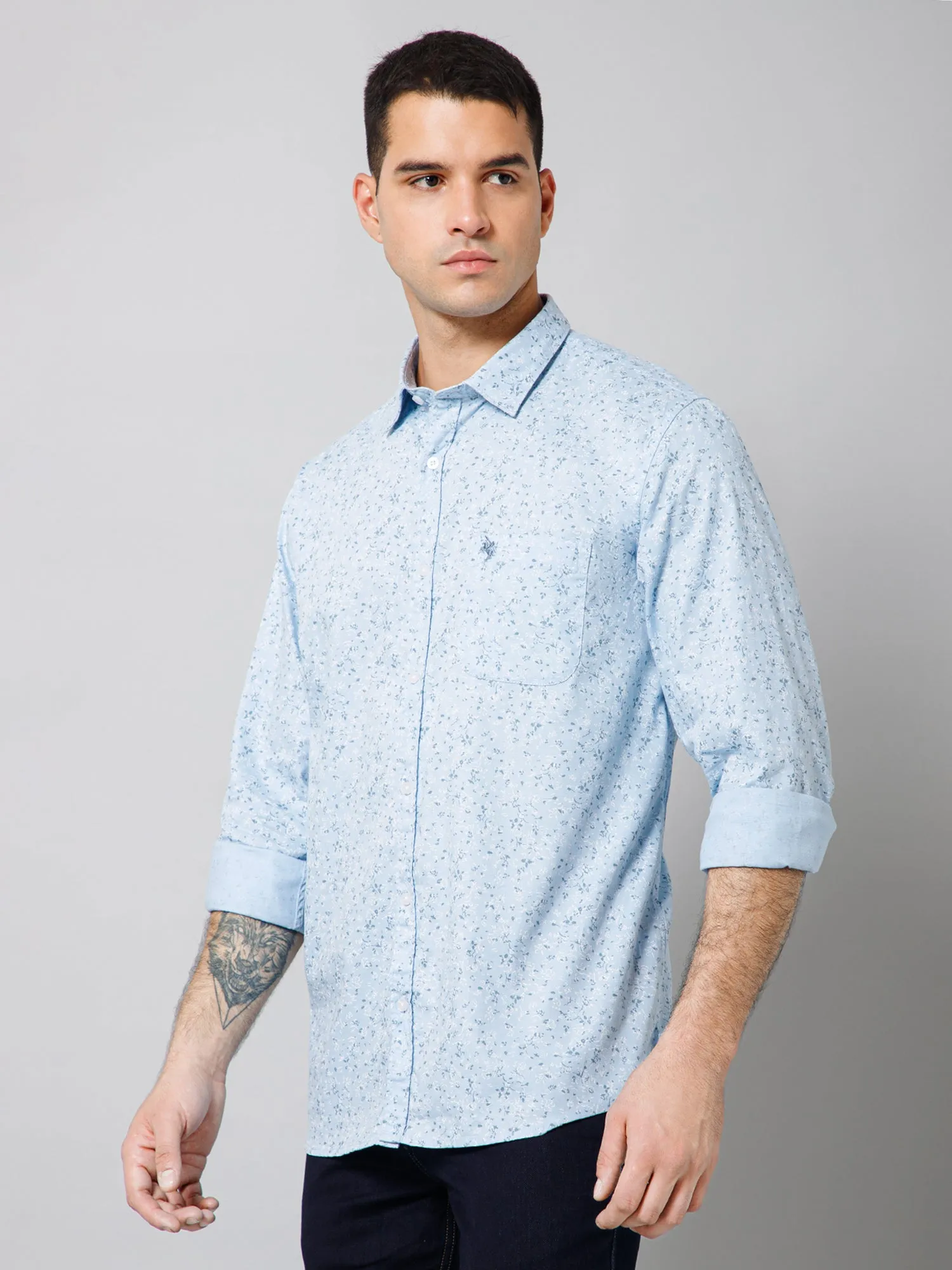 Cantabil Cotton Floral Printed Full Sleeve Regular Fit Sky Blue Casual Shirt with Pocket for Men