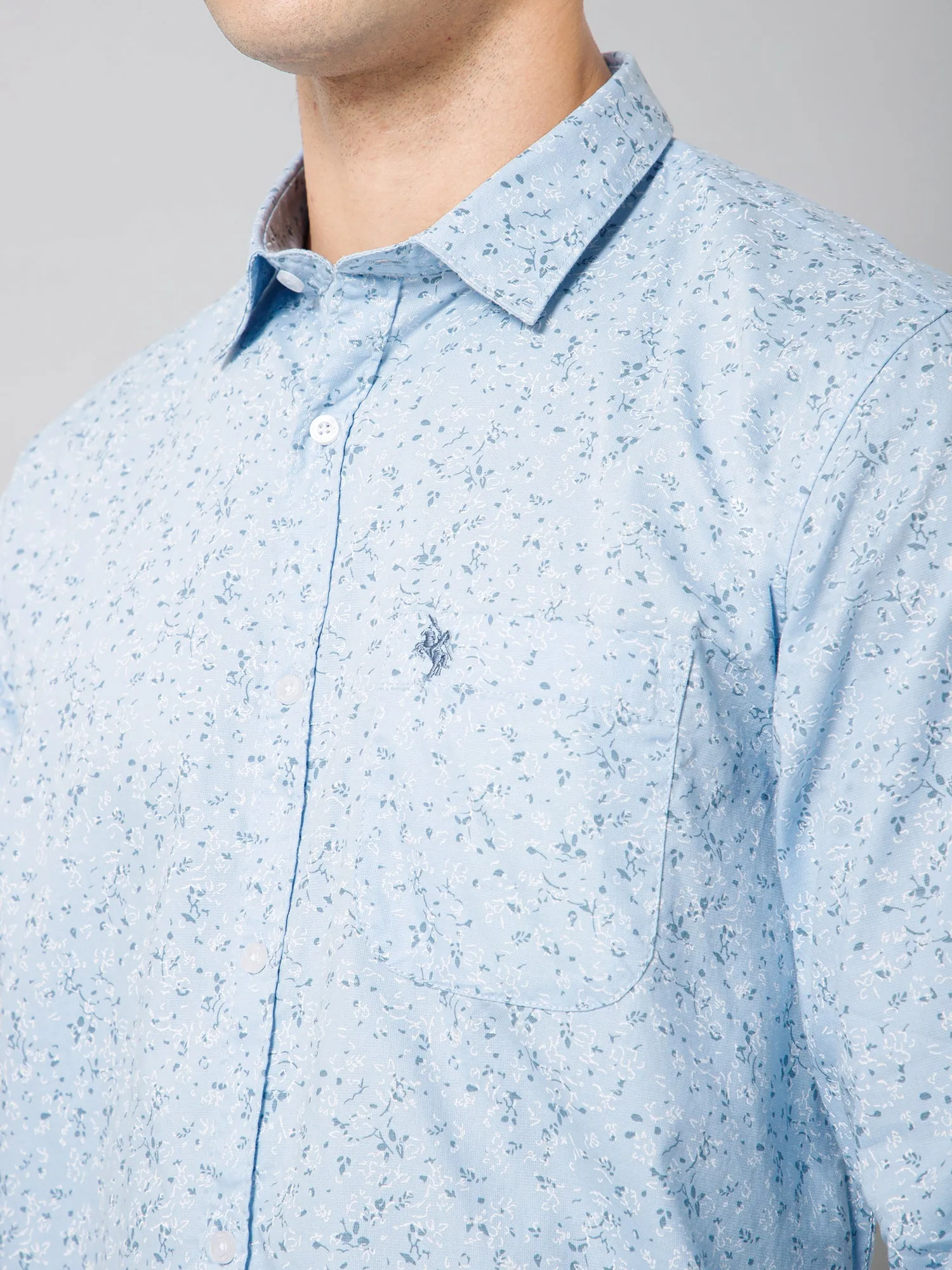 Cantabil Cotton Floral Printed Full Sleeve Regular Fit Sky Blue Casual Shirt with Pocket for Men