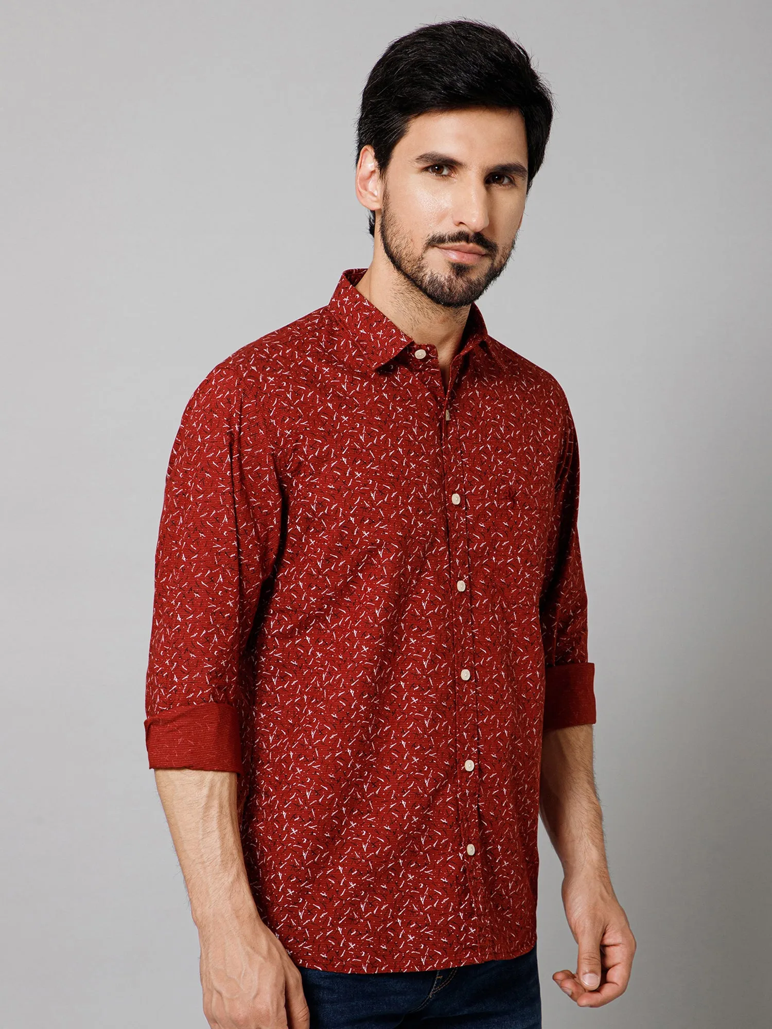 Cantabil Cotton Printed Full Sleeve Regular Fit Maroon Casual Shirt with Pocket for Men