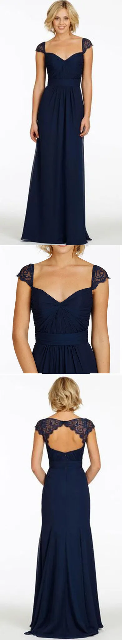 Cap Sleeve Open Back Lace Sweet Heart Chiffon Navy Blue Formal Cheap Bridesmaid Dresses, WG43