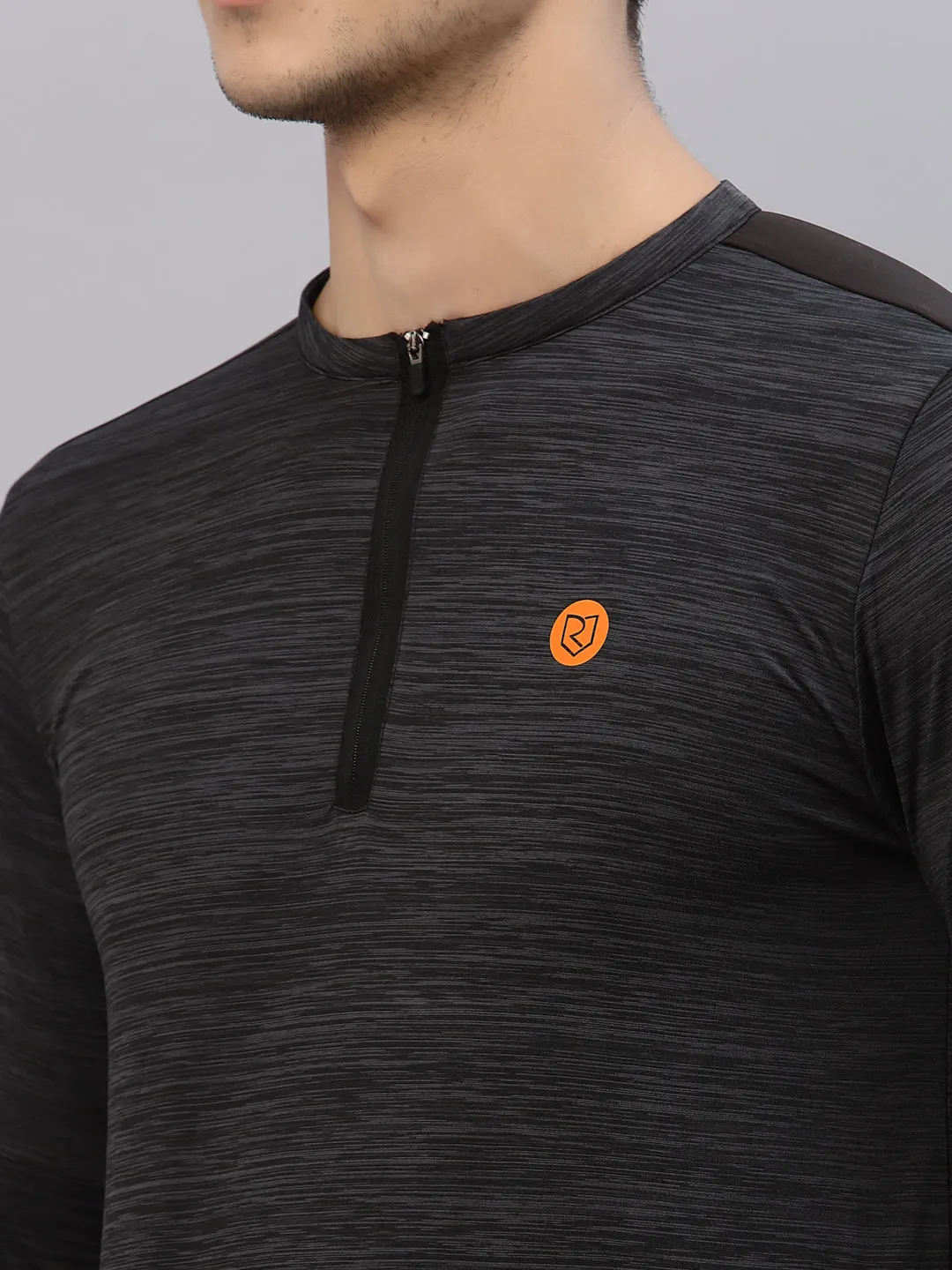 Charcoal Henley Neck Full Sleeve Activewear T-Shirt