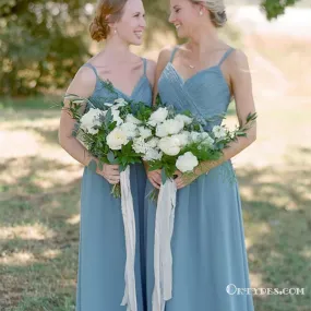 Charming Dusty Blue Chiffon Long Cheap Bridesmaid Dresses, TYP1777