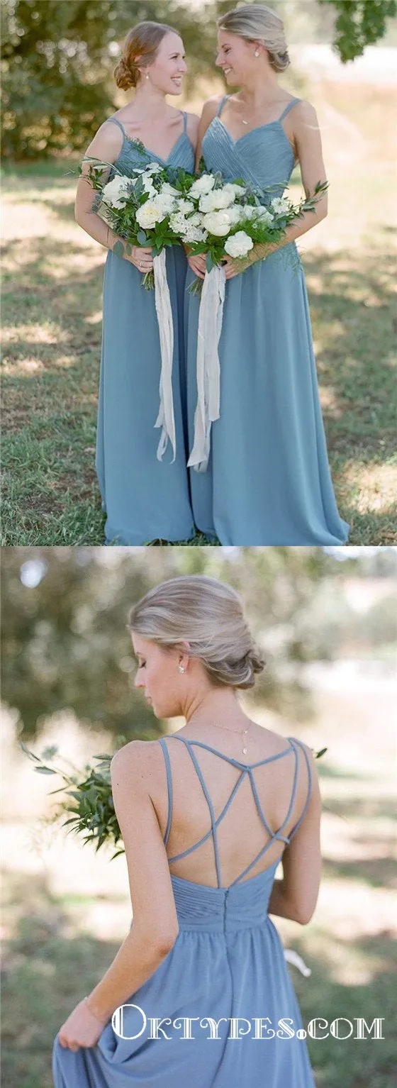 Charming Dusty Blue Chiffon Long Cheap Bridesmaid Dresses, TYP1777