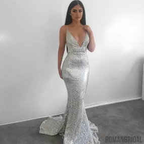 Charming hot selling V-neck sleeveless evening dresses, backless Sequins Long Prom Dresses, PD0459