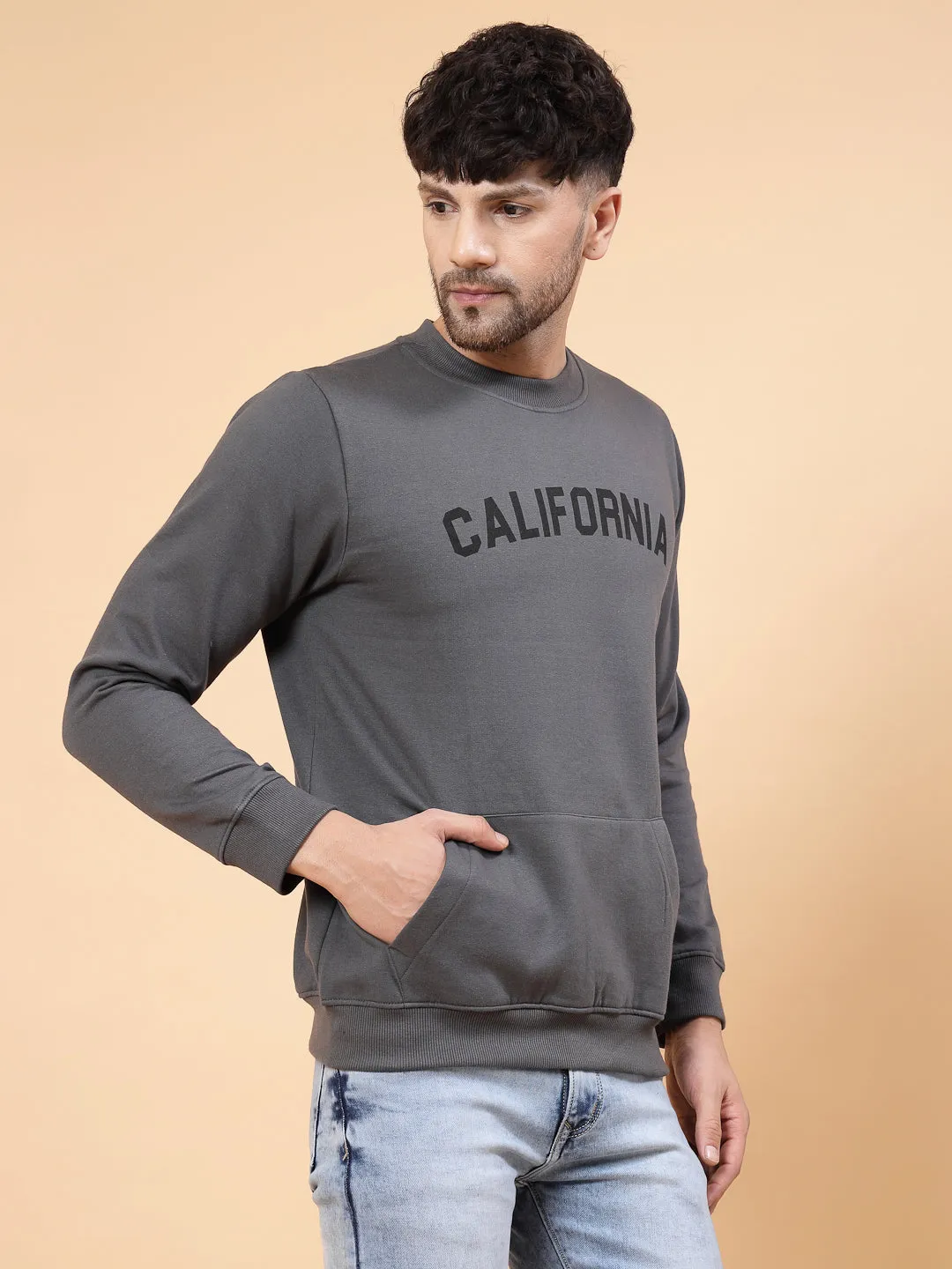 Dark Grey CALIFORNIA Print Round Neck Fleece Sweatshirt