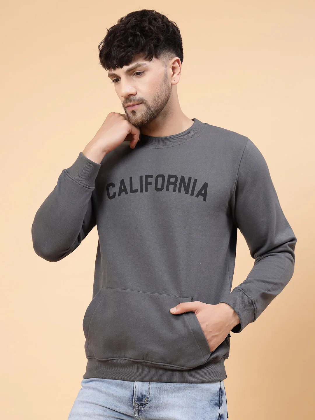 Dark Grey CALIFORNIA Print Round Neck Fleece Sweatshirt