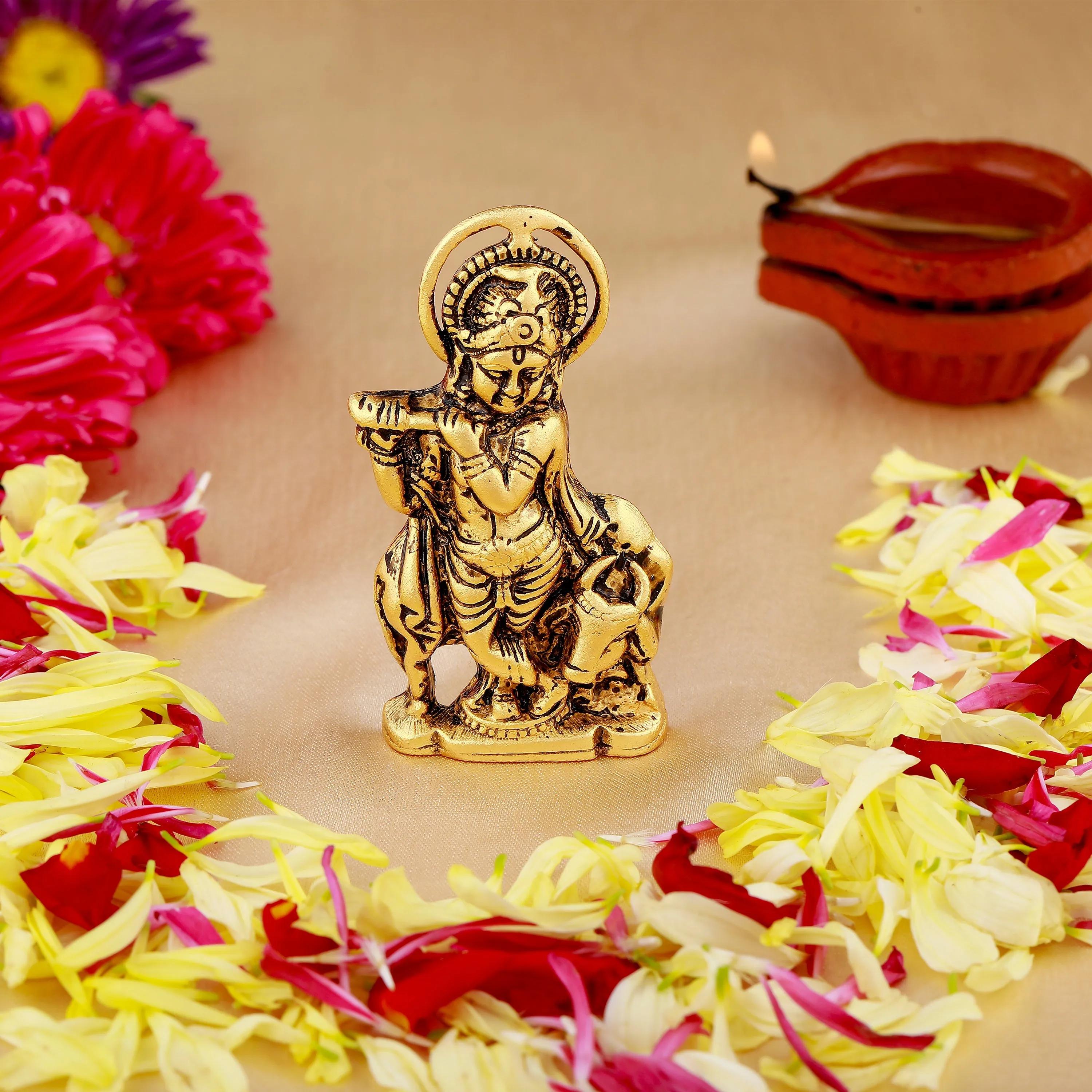 Estele Gold Plated Antique Spiritual Lord Krishna Idol for Home/Car Decor.