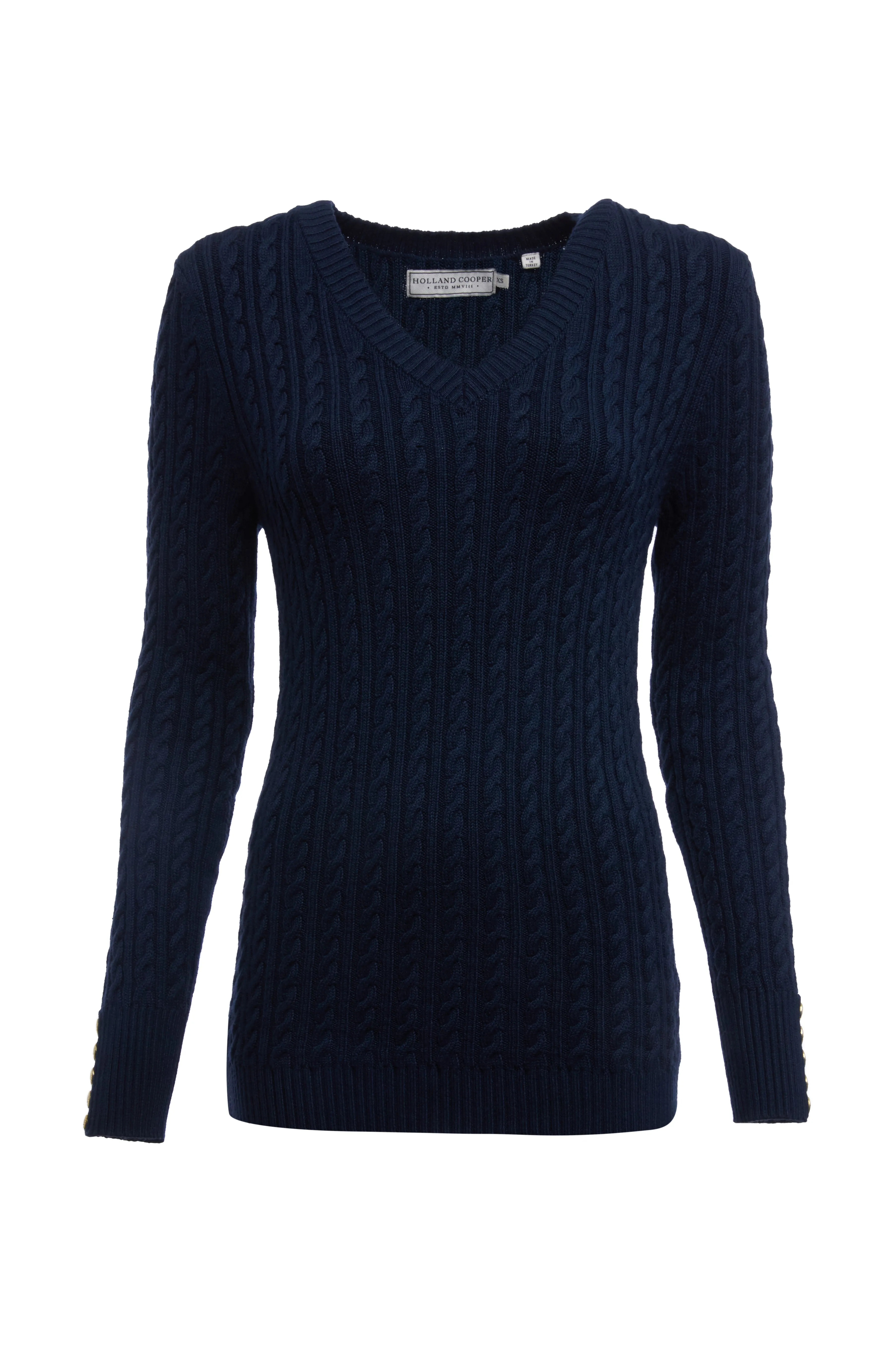 Holland Cooper Seattle Cable V Neck Knitwear in Ink Navy