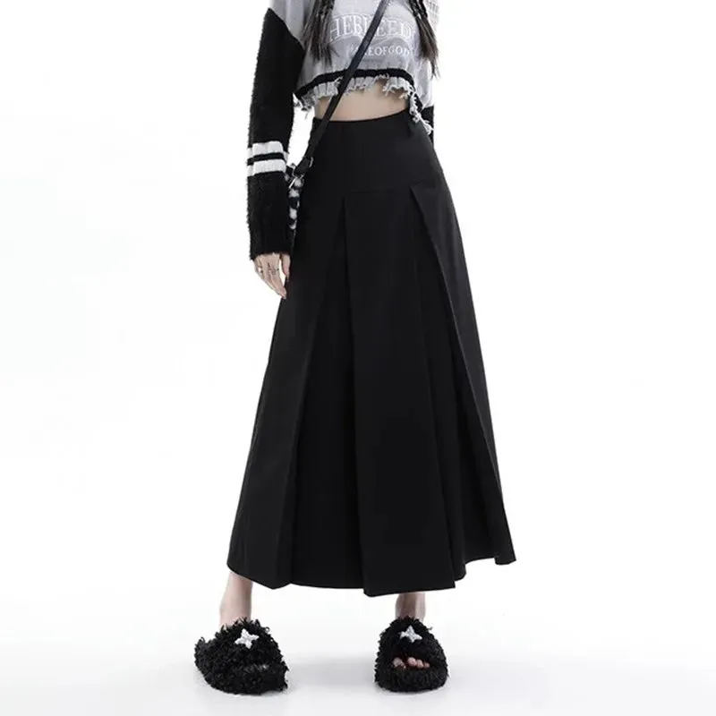 LVSANW 2024 Vintage Black Grey Mid-Long Skirts Women Autumn High Waist Pleated Skirts Korean Fashion Y2k Female All-match Clothes