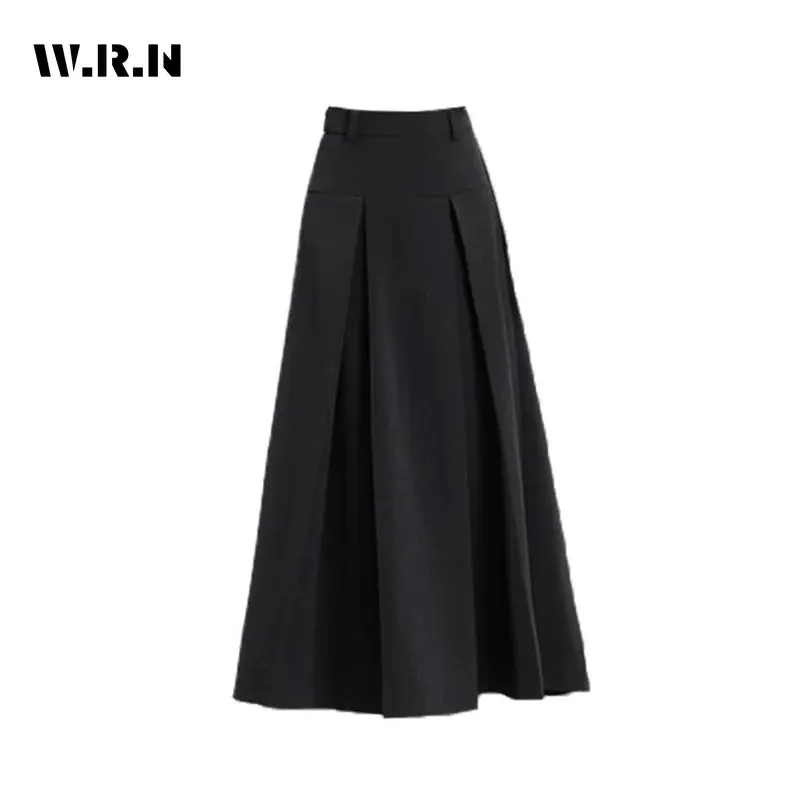 LVSANW 2024 Vintage Black Grey Mid-Long Skirts Women Autumn High Waist Pleated Skirts Korean Fashion Y2k Female All-match Clothes